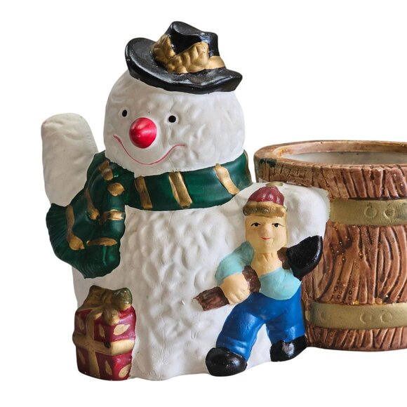 Vintage Snowman & Boy Ceramic Planter Figurine By Houston Harvest - Picture 3 of 9